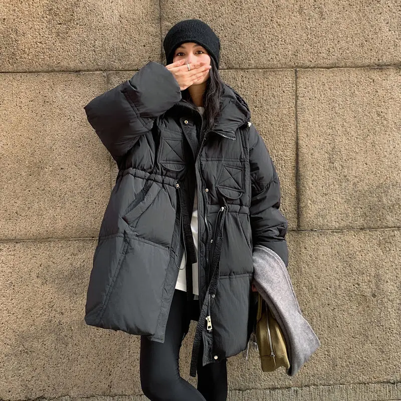 Winter New Women's Oversized Down Jacket Loose Commuter Hoodie 90% White Duck Down Strap Jacket
