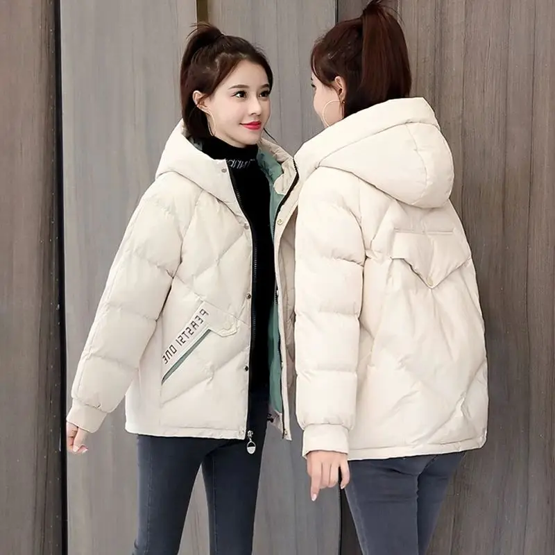 2023 New Women Down Cotton Coat Winter Jacket Female  Hooded Loose Parkas Medium Style Outwear Printing  Straight Overcoat