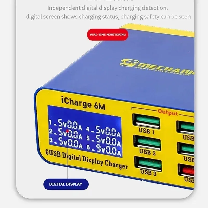 MECHANIC iCharge 6M QC 3.0 USB Smart Charge Support Fast-charging With LCD Digital Display Multi-Port Charger For Tablet Phone