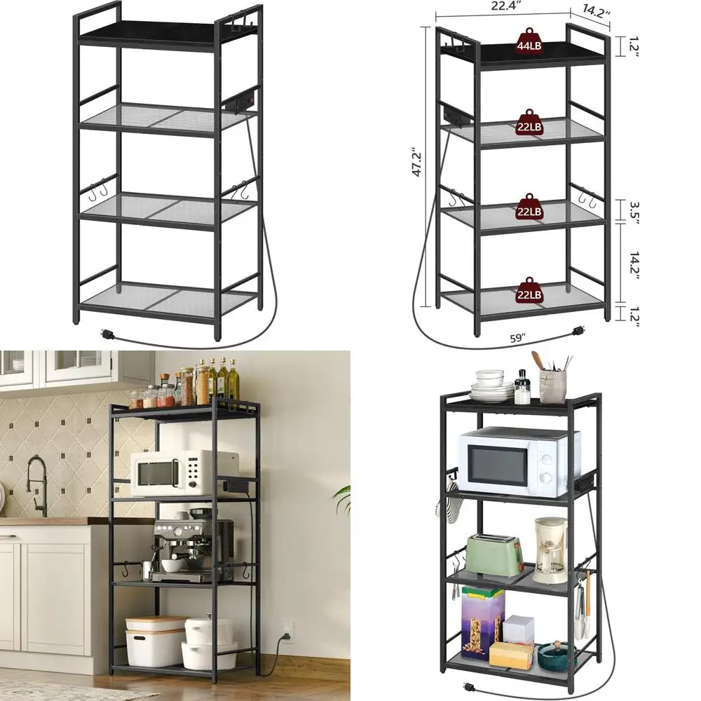 

Bakers Rack with Power Outlet, Microwave Stand, Storage Rack with Hooks, Coffee Bar Enclosure, Kitchen Storage Shelf for Kitchen