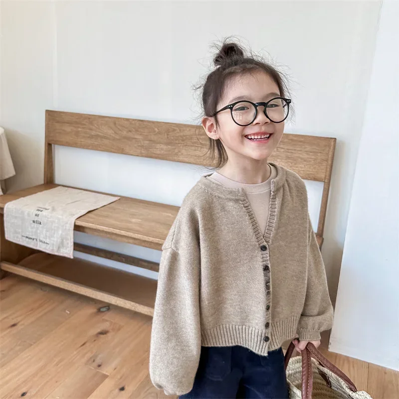 Woolen Sweater for Boys and Girls Knitted Sweater Children's Clothing Autumn Korean Version Solid Color Sweater Cardigan Top