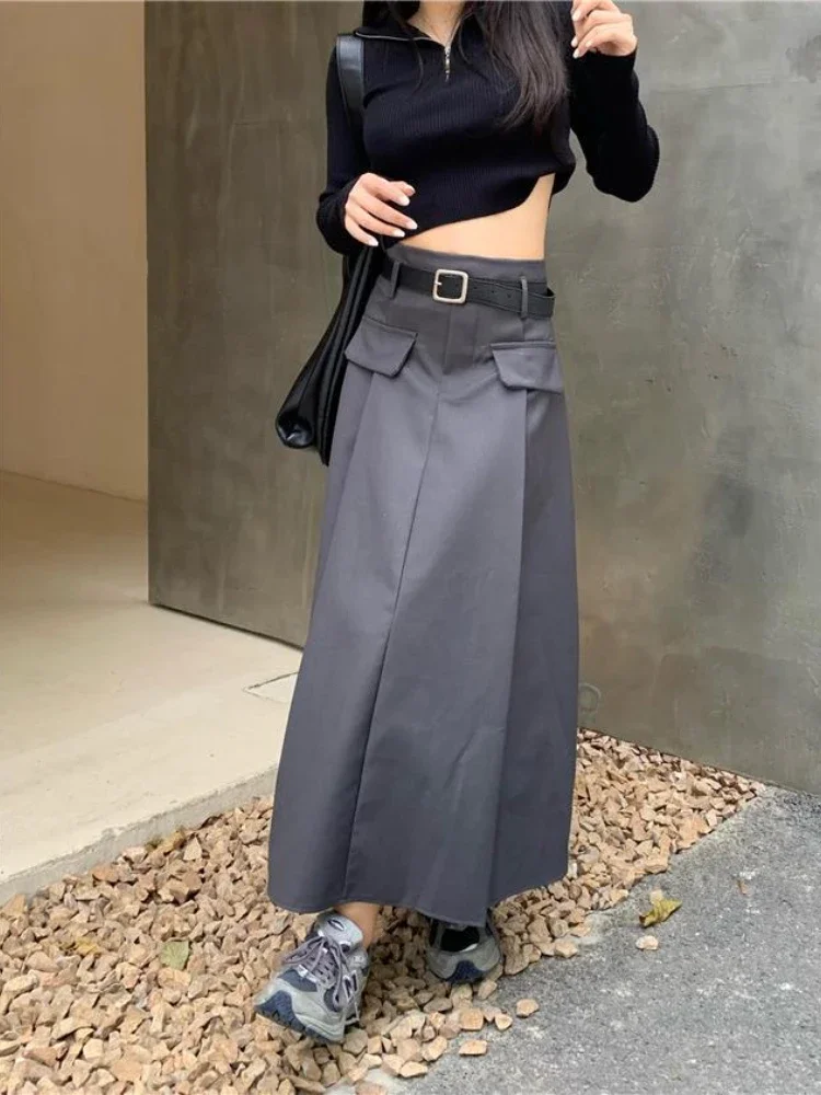 Pleated Midi Skirt for Women High Waist Elegant Preppy Korean Fashion  Skirt Retro A-line Casual Skirts Autumn New 2023