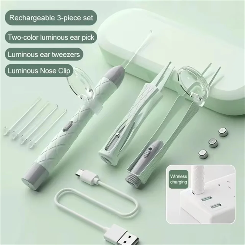 Juego de cuchara luminosa para la oreja, pinzas de limpieza para eliminación de cera de los oídos, luz LED, USBcharg, Clip para la nariz, Kit de herramientas para el cuidado de los oídos para niños y adultos