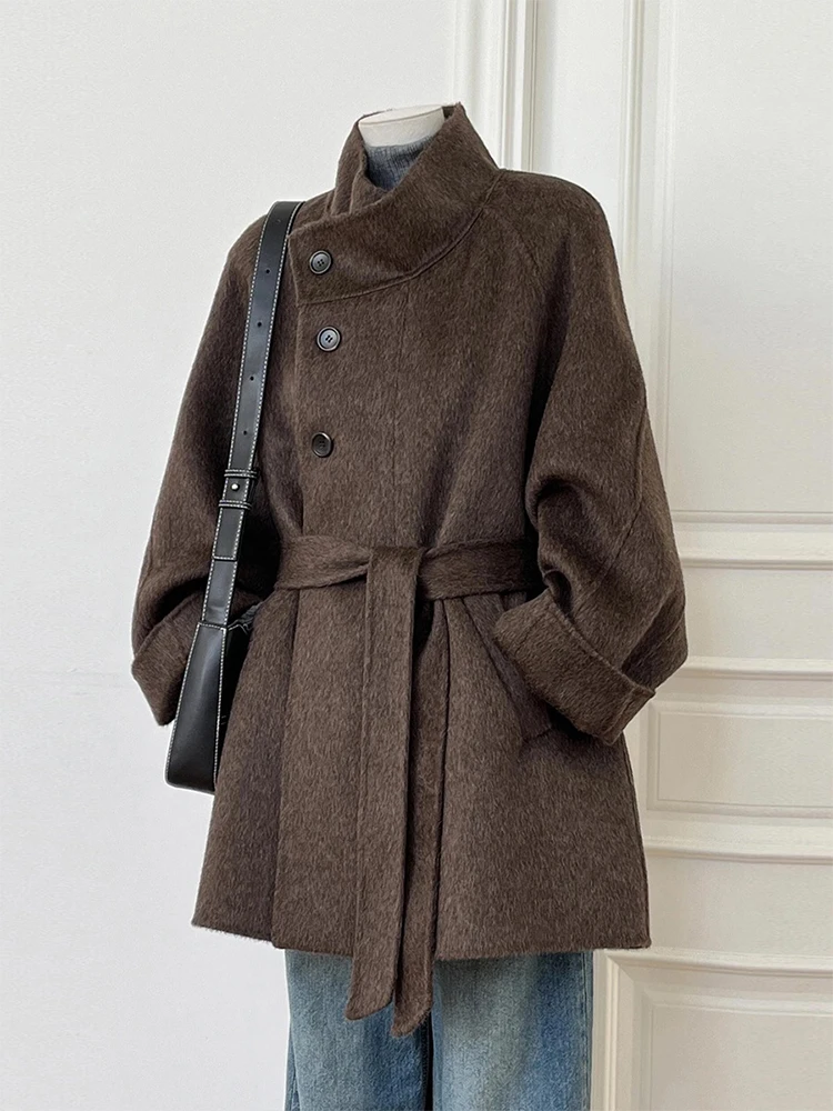 

Women's Wool Camere Coat ort Thiened Winter New Sle Waist-Cinching Brown Lapel Stand Collar Korean Sle Long Sve