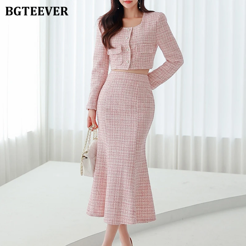 BGTEEVER Spring 2 Pieces Female Skirt Set Long Sleeve Square Collar Single-breasted Cardigans Women High Waist Mermaid Skirt