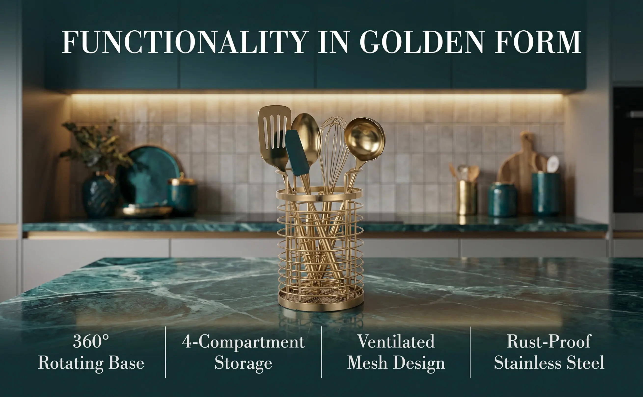 Rotating Kitchen Utensil Holder Stainless Steel 4 Compartments Gold Cutlery Organizer Drying Rack Fork Spoon Storage Kitchen