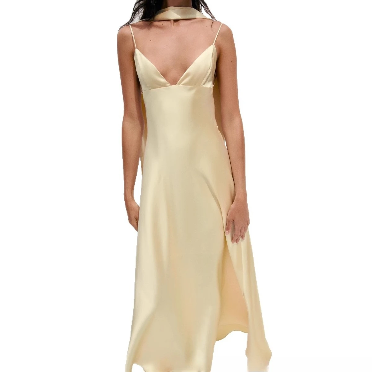 Vêtements pour femmes, nouvelle robe d'été à bretelles fendue avec écharpe en Satin, tempérament à la mode, 2025