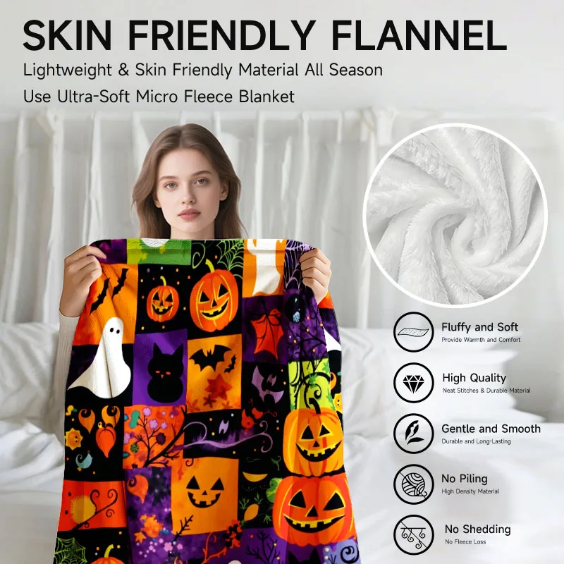 قطعة واحدة من بطانية الفانيلا بطابع الهالوين، نمط اليقطين والشبح الملون، مناسبة للأريكة والسرير والمكتب والهدية المثالية لـ fam
