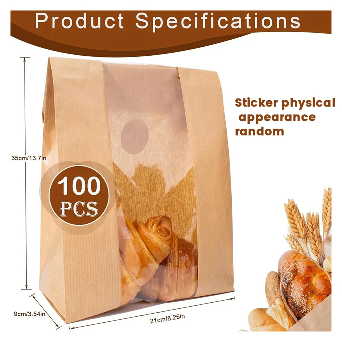 100 Packs Paper Bread Storage Bags with Clear Window Bread Bags with Seal Stickers for Cookies, Candies and