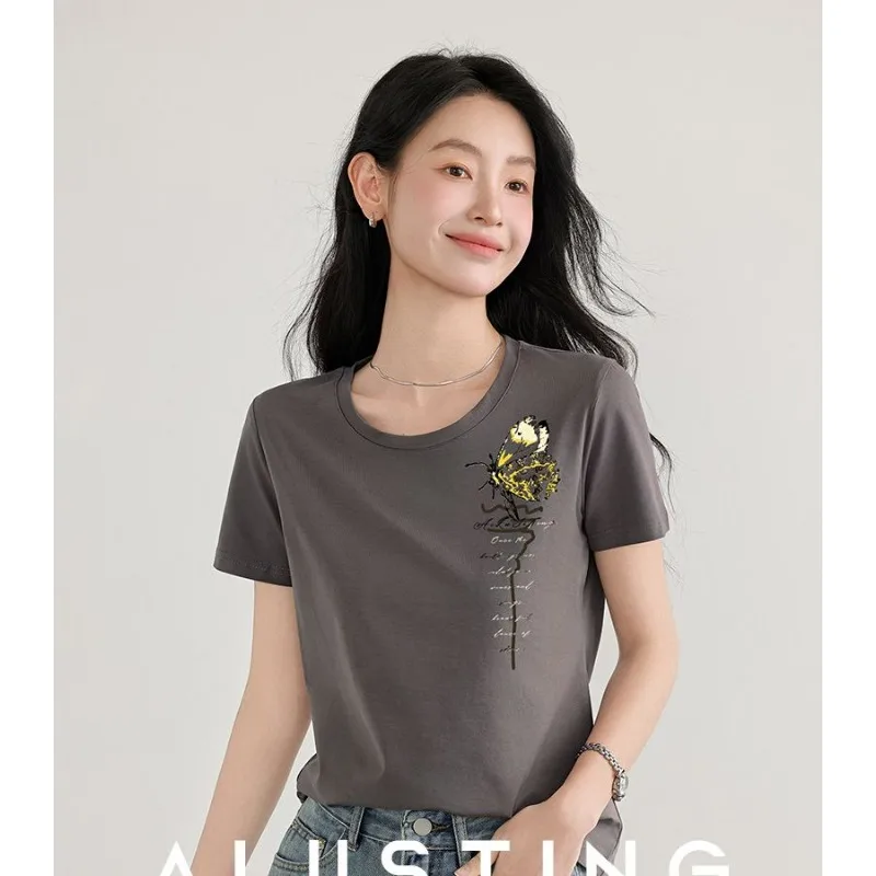 

Женская летняя приталенная хлопковая футболка с принтом бабочки и надписи, с круглым вырезом и коротким рукавом, повседневная.