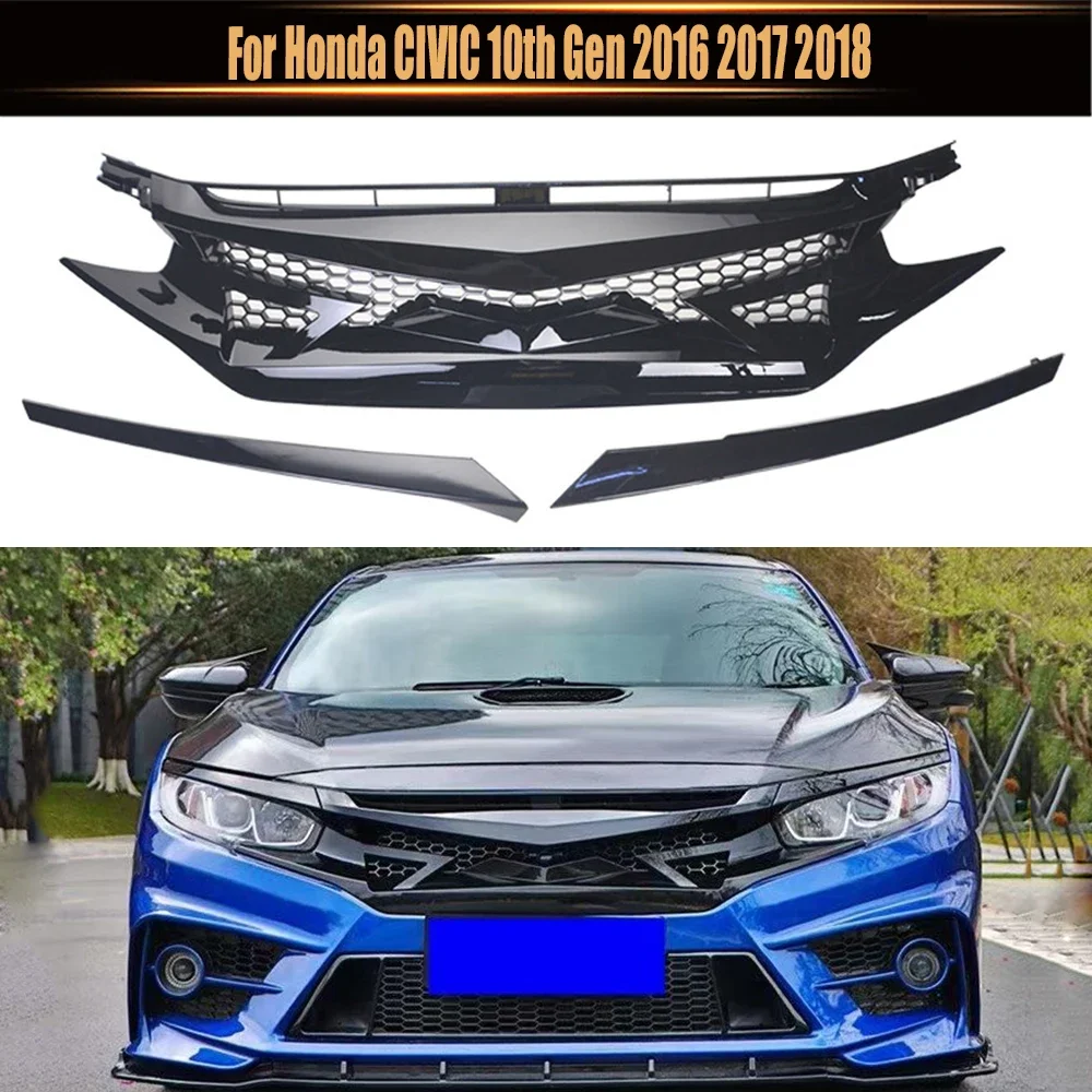 

For Honda CIVIC 10th Gen 2016-2018 ABS Glossy Black Demon Style With 2 Eyebrows Car Racing Grill Grills Upper Bumper Grille