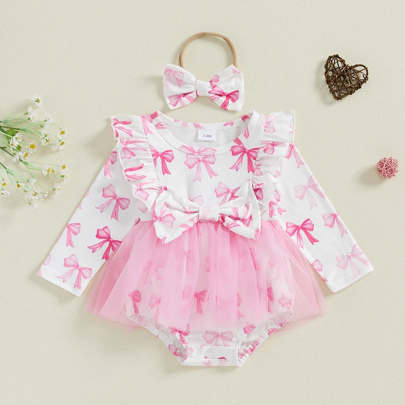 2024-07-12 Lioraitiin Baby Girls Romper Dress Bow Print Ruffled Trim Long Sleeve Mesh Jumpsuit Headband Adorable Outfits