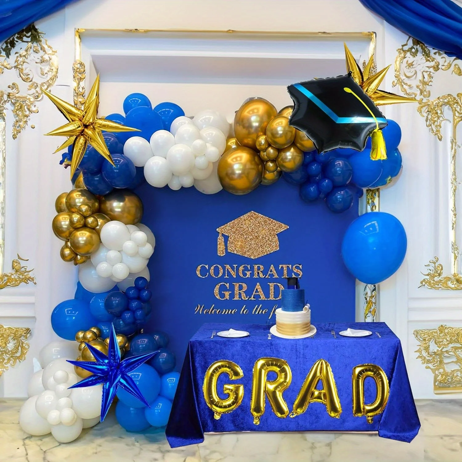 127pcs Royal Blue Gold Graduation Balloon Wreath Arch Set with Graduation Hat 2024 Graduation Ball Birthday Party Decoration