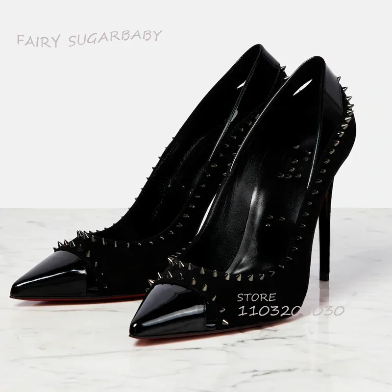 

Pump Bright Bright Yellow Rivets Hollow Stiletto Women Glossy Leather Black Sexy Heels 12Cm Pointed Shallow Sandals Elegant Shoe