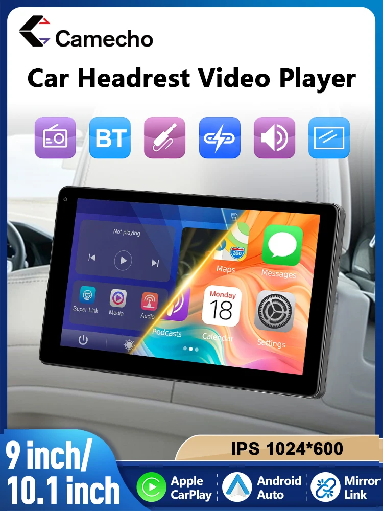 Camecho sans fil Carplay Android Auto appui-tête de voiture moniteur 9 pouces IPS affichage MP5 lecteur vidéo lecteur multimédia pour siège arrière