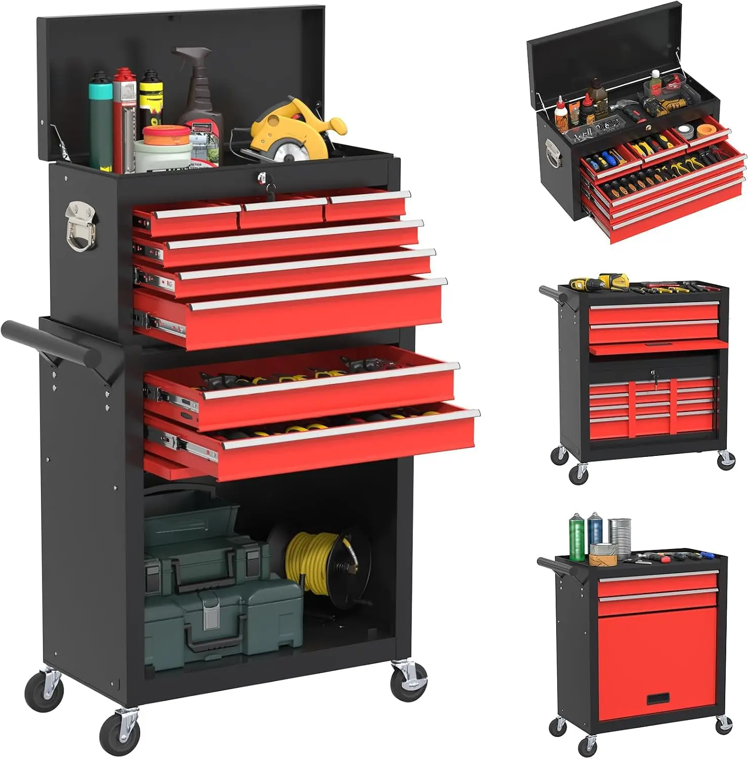 Rolling Tool Chest With Wheels, Multi Drawer Metal Tool Cart, Detachable Workbench Storage Organizer Box, Heavy Duty Mobile Cabinet For Garage, Modern Style, Black And Red, 1 Set