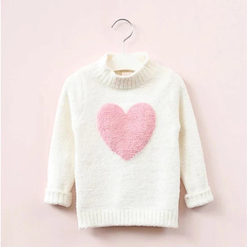 2-9Years Baby Girls Knitted Sweate Winter And Autumn Long Sleeve Warm High Collar Cute Heart Kids Sweater Top Girl Clothes