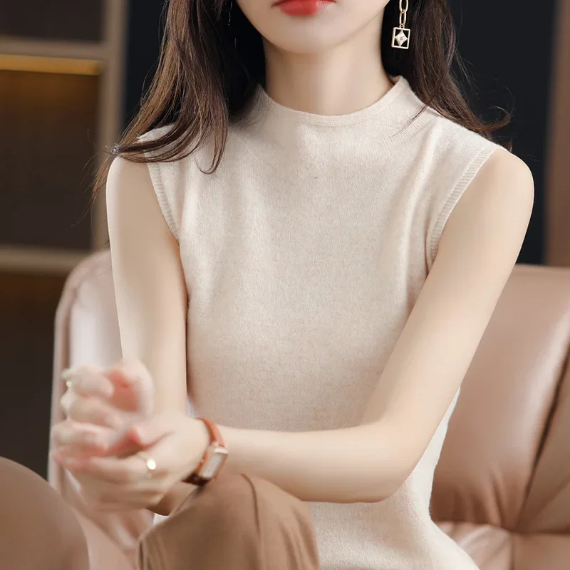 Half-turtleneck Sleeveless Vest Women\'s Cashmere Sweater Knitted Wool Vest Sleeveless Women Vest Bottom Knit Shirt
