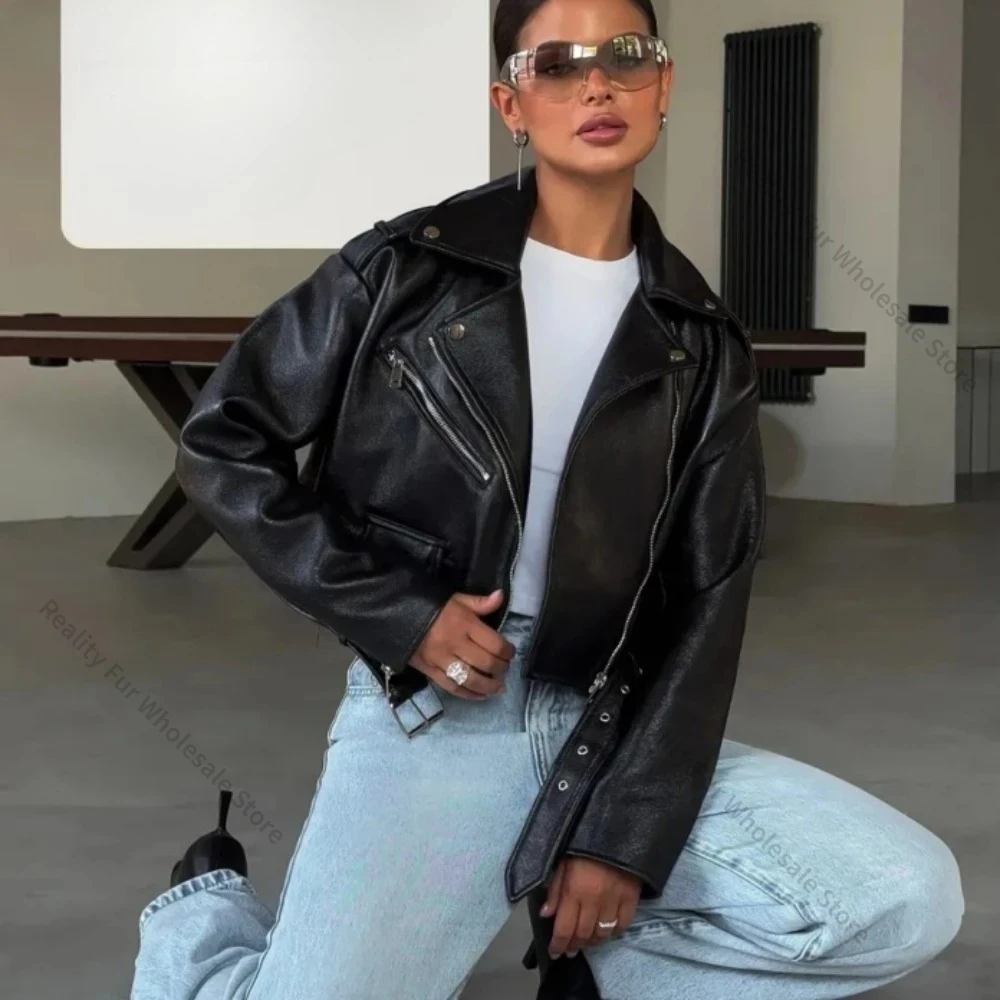 New Biker Jacket Lady PU Leather Jacket Women Spring Motorcycle Style Autumn Short Lapel Long-sleeved Faux Leather Jacket