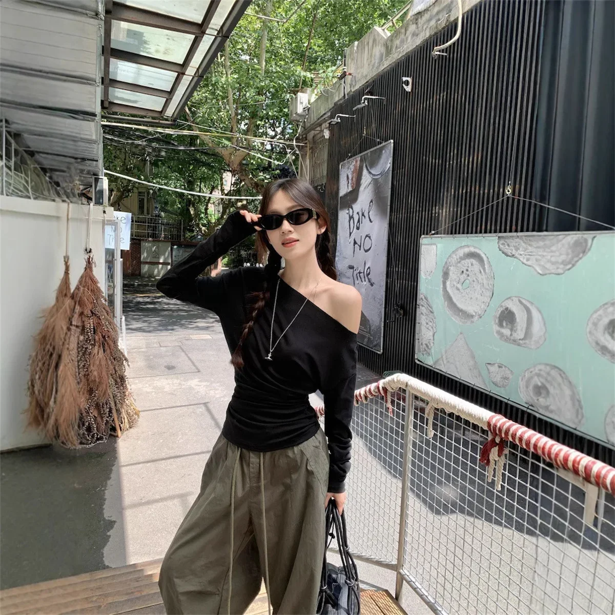 Customization Grunge Solid Casual T-Shirt Pleated Vintage Simple Off Shoulder Tees 2026 New Streetwear Tshirts Korean Y2k Tops