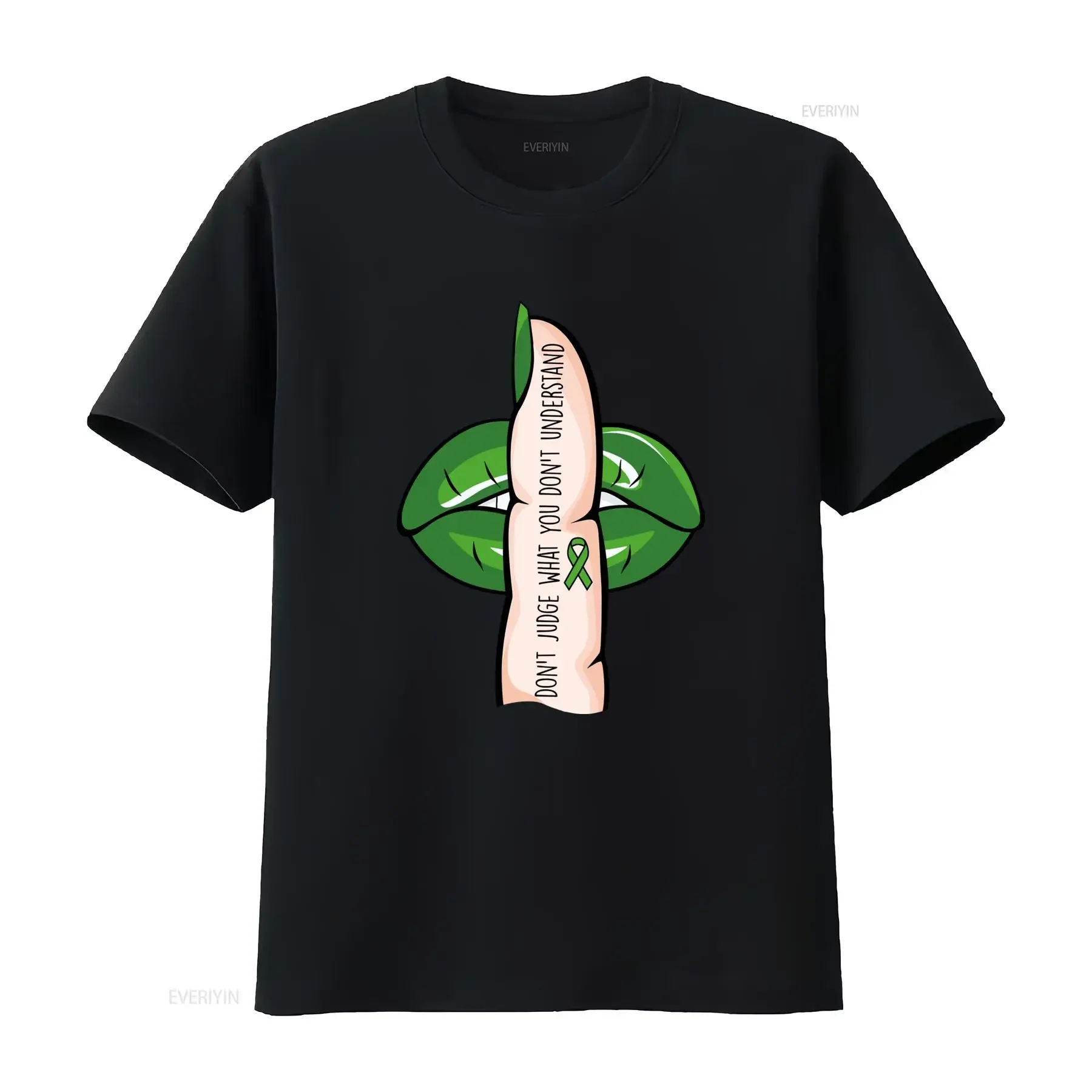 T-shirt décontracté unisexe Streetwear avec impression de slogan 'Don't Judge' et ruban vert pour la sensibilisation à la santé mentale, style vintage délavé, respirant et doux
