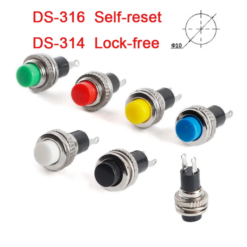 6Pcs 10mm DS-316 DS-314 Lock-free Self-reset Doorbell Horn Push Button Switch Momentary OFF-(ON)