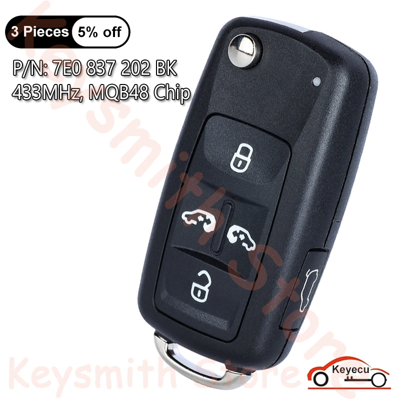 

KEYECU 4+1 Btns 433MHz MQB48 Chip for VW Volkswagen Multivan Sharan 2016 2017 Auto Flip Remote Key Fob 7E0837202BK 7E0837202BJ