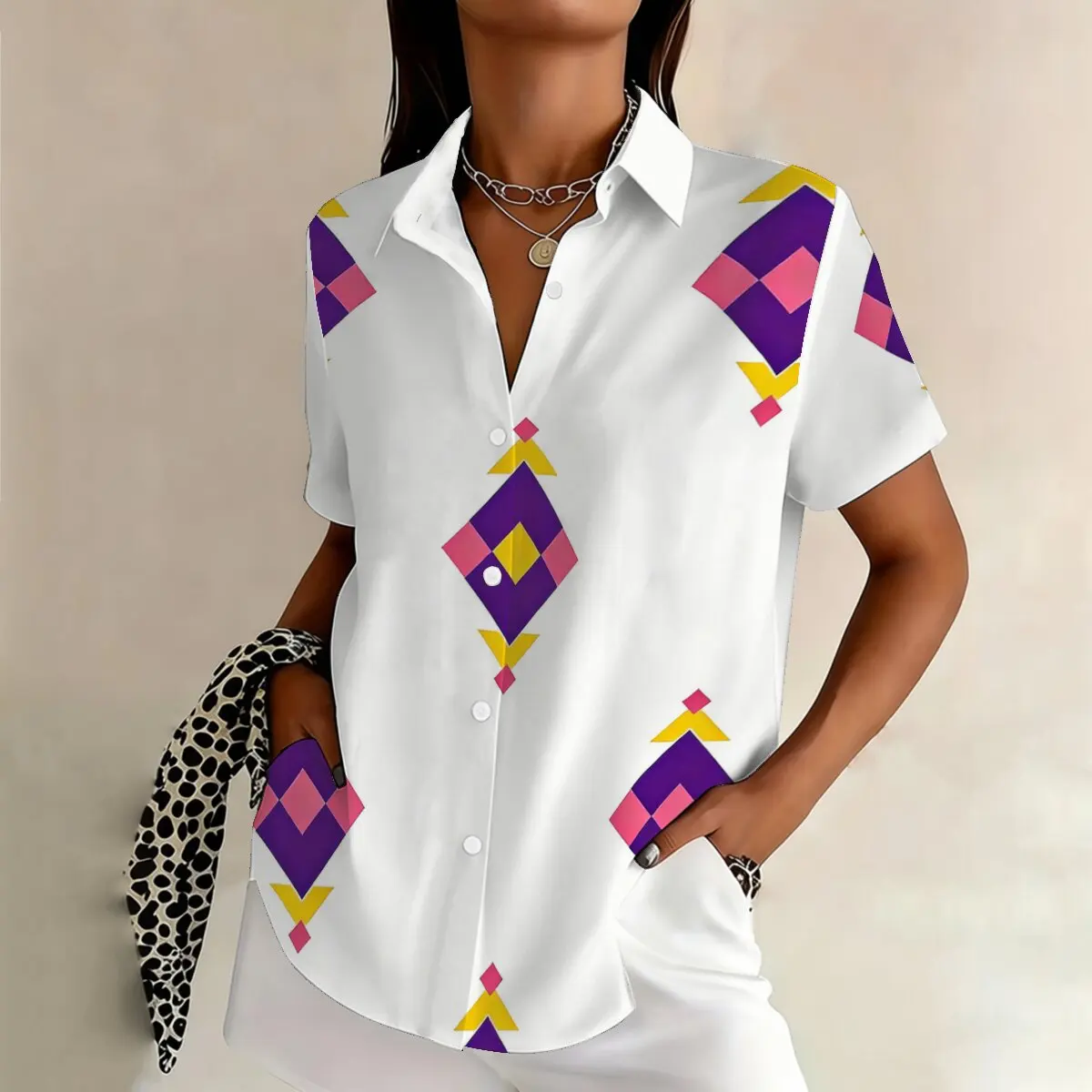 

Simple and personalized geometric print summer women's plus size lapel short sleeved shirt fashionable daily versatile top