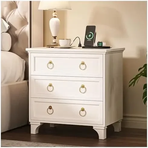 White Night Stand with Charging Station, Modern Nightstand with 3 Drawer Storage, Large Bedside Table with Wide