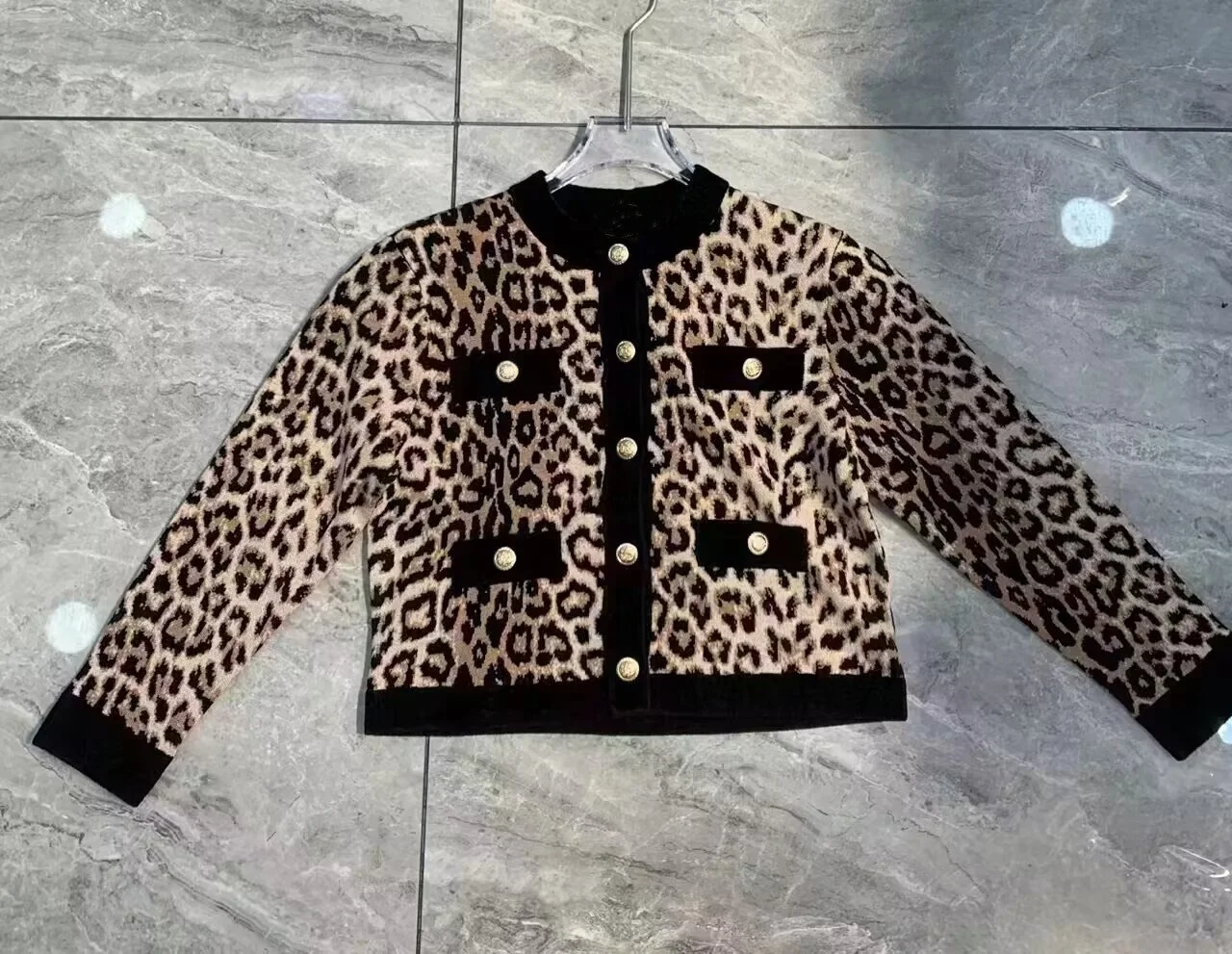 Women Leopard Print Knitted Cardigan Round Neck Single Breasted Long Sleeve Vintage Slim Sweater