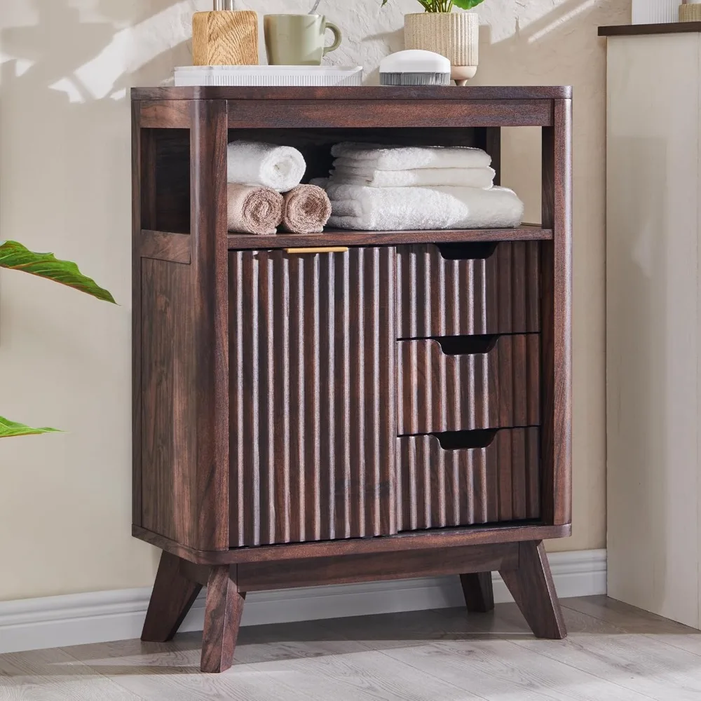 

Bathroom Floor Cabinet with Sliding Door, Modern Fluted 3 Drawers Storage Organizer with Adjustable Shelf, Curved Profile Desig