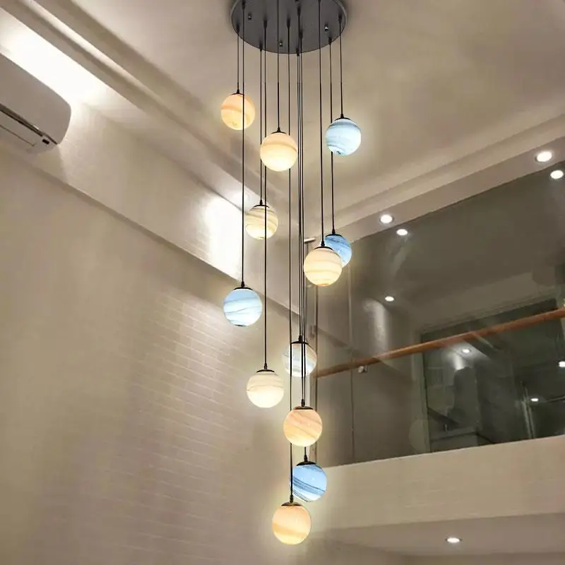 LED Earth Pendant Light Stained Glass Ball light For dining room hotel stairway Hanging Lamp foyer Led Stair Chandelier Lighting