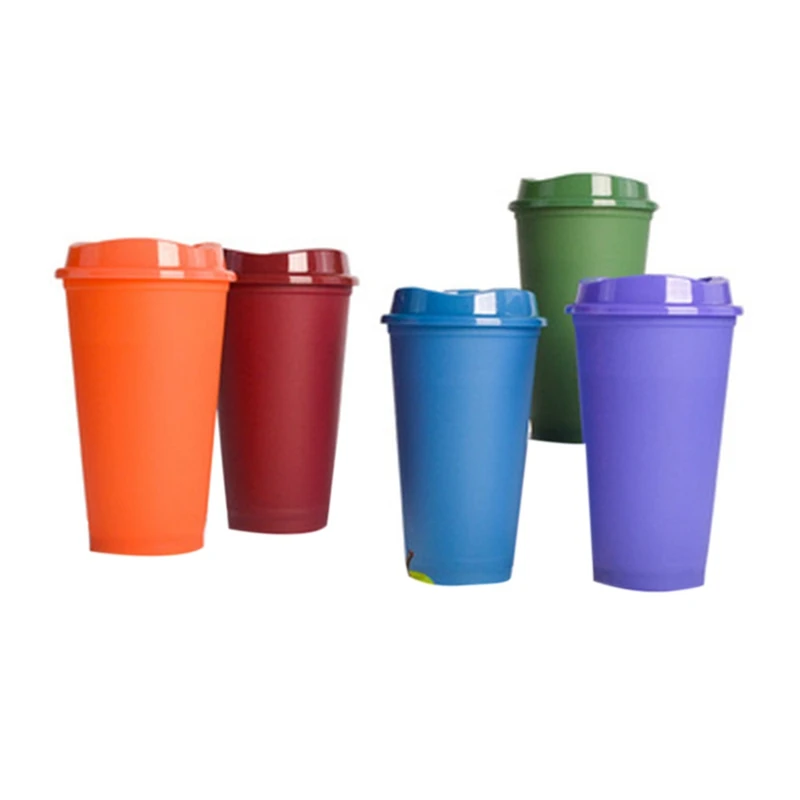 5 PCS/Set 16 OZ Plastic Reusable Color Changing Cold Water Coffee Cups With Lid Household Drinkware Kitchen Products