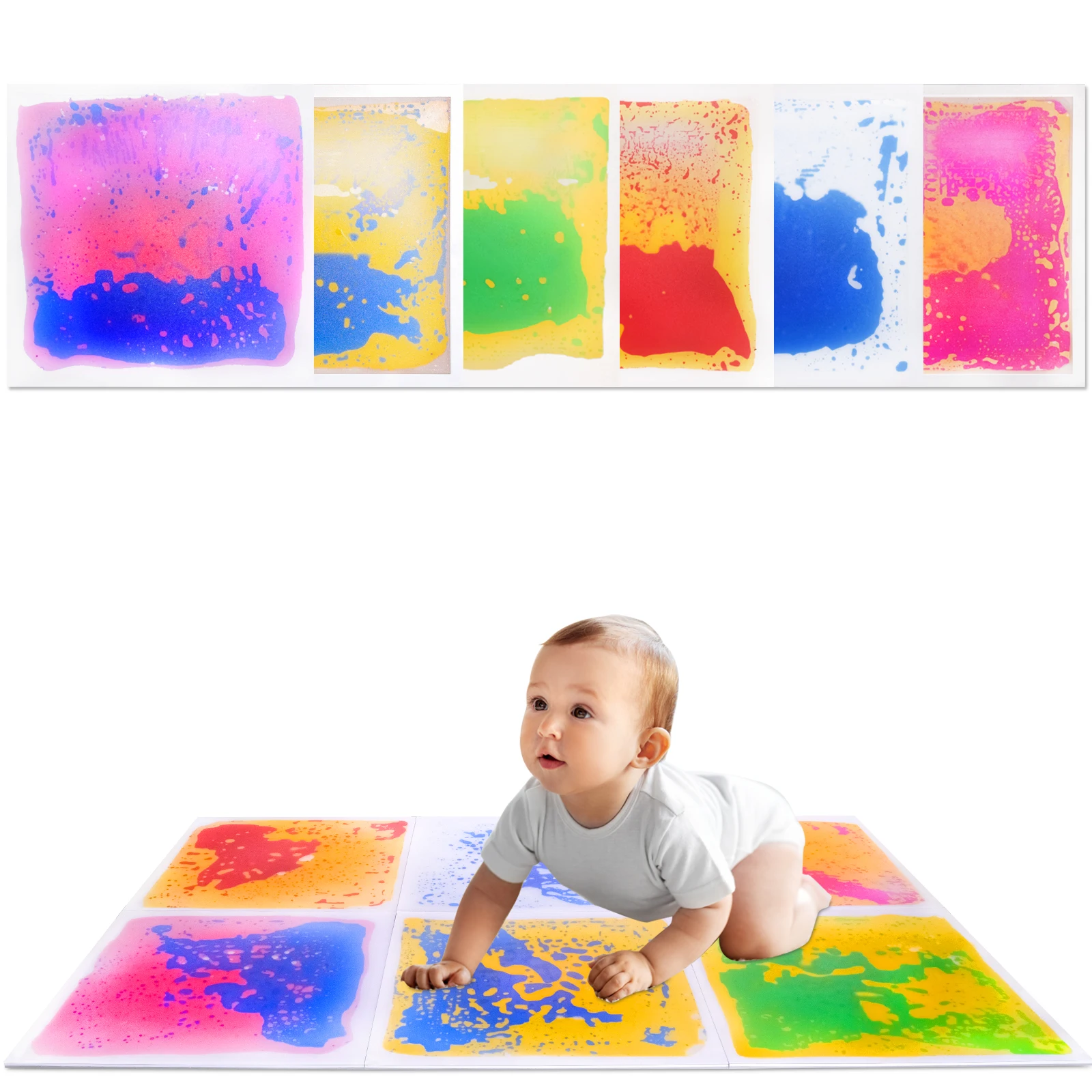 Looook  6Pcs Liquid Sensory Floor Tiles, Multicolor High‑Contrast Square Play Mats for Kids Visual Sensory Play Educational Toy