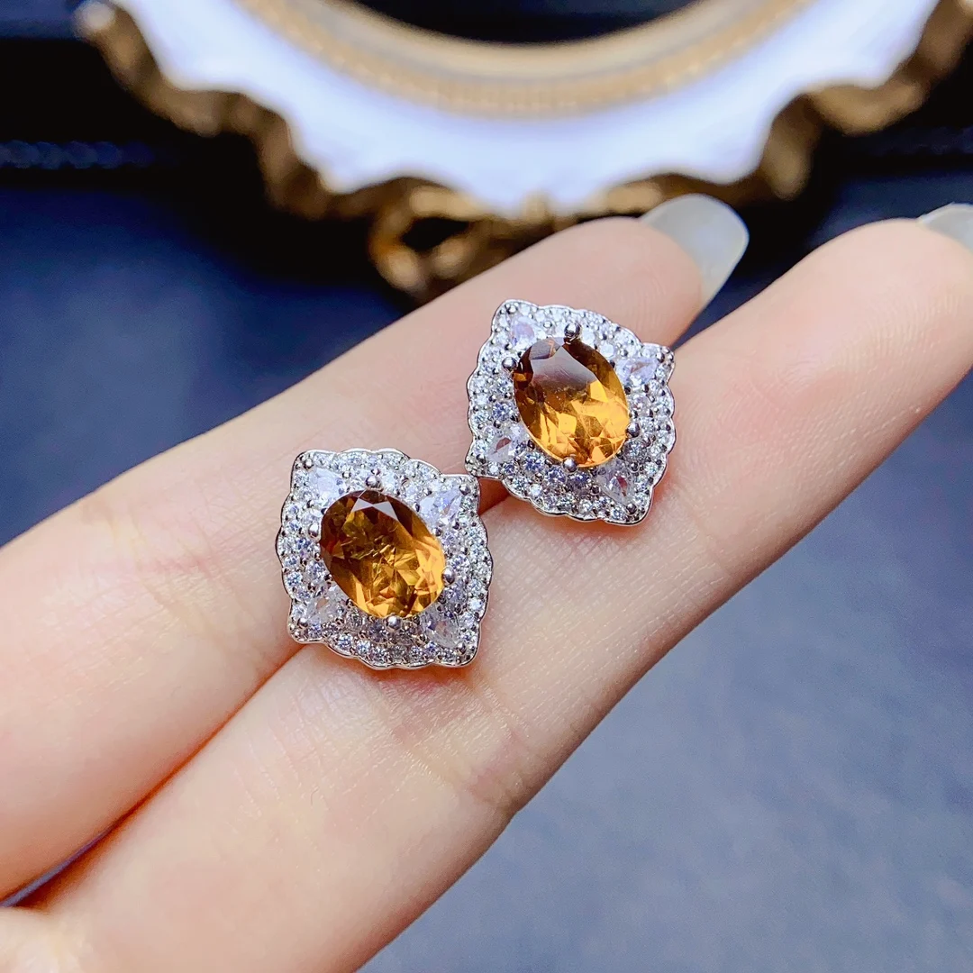 

FS Fashion Real S925 Sterling Silver 6*8 Natural Citrine Earrings With Certificate Fine Charm Weddings Jewelry for Women MeiBaPJ