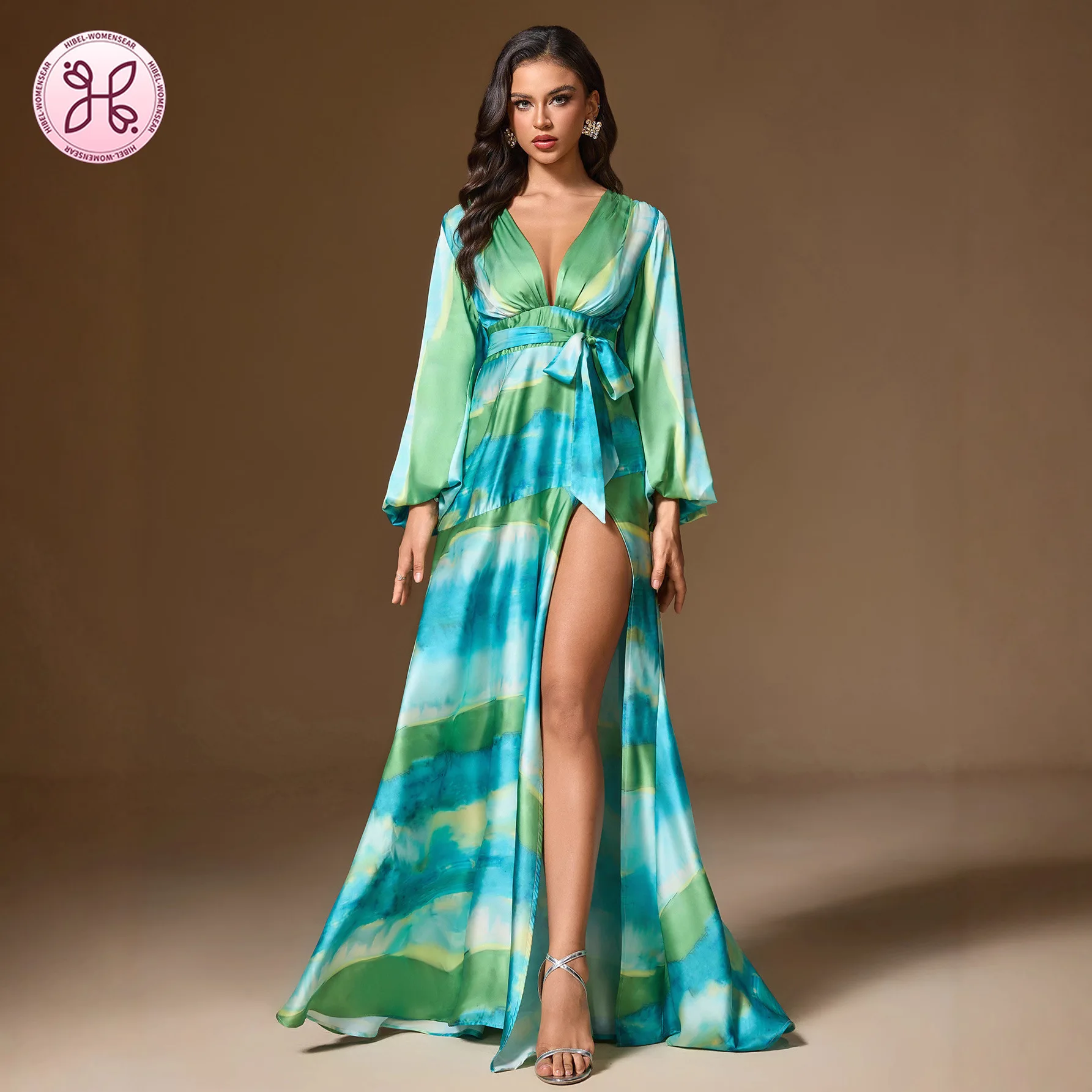 

Luxury Resort Print Gown - Color-Dyed Lantern Sleeve Maxi Dress (Women's Sexy High-Slit Evening Wear)