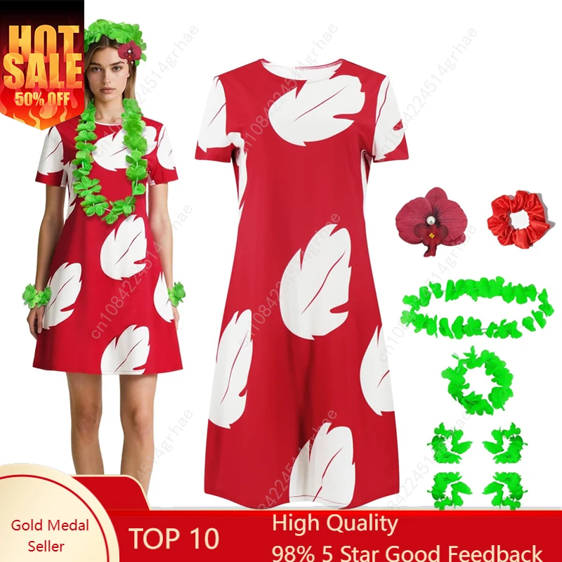 

Lilo Cosplay Costume Pelekai Red Lilo Dress with Hawaiian Leaf Flower Leis Accessories Flower Hair Clip Halloween Party Cosplay