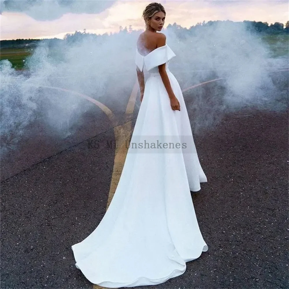 White Mermaid Satin Wedding Dresses Detachable Overskirt Train Off Shoulder Bridal Dress 2 in 1 Cheap Wedding Gowns Trouwjurk