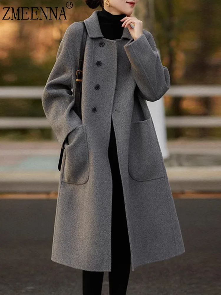 

ZMEENNA Stylish Women's Grey Wool Blend Single Breasted Long Coat With Peter Pan Collar And Pockets Warm Outerwear ZM3530