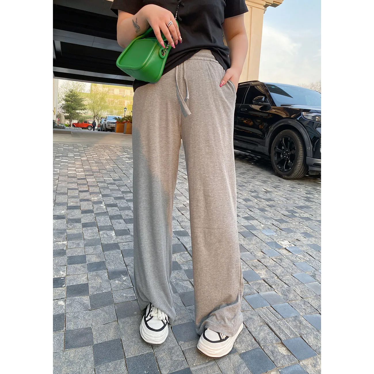 

V-Flounce Comfortable Breathable plus Size Dstring High Waist Wide Leg Straight Cut Long Pants Spring Summer New Sle