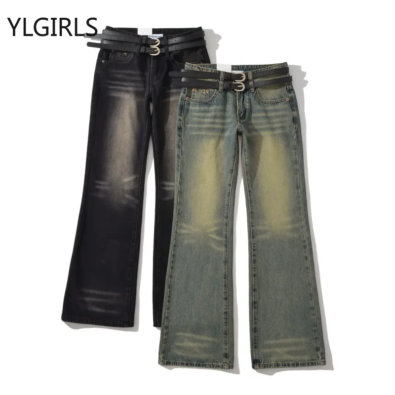 2024 Vintage Korean Retro High Street Low Waist Trousers with Double Belt Streetwear Fashion Denim Wide Leg Pants