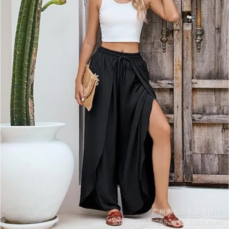 Women's Boho Pants Spring And Summer Casual Vacation Solid Slit Lace Up Wide-legged Loose Fashion Trousers For Women Clothing