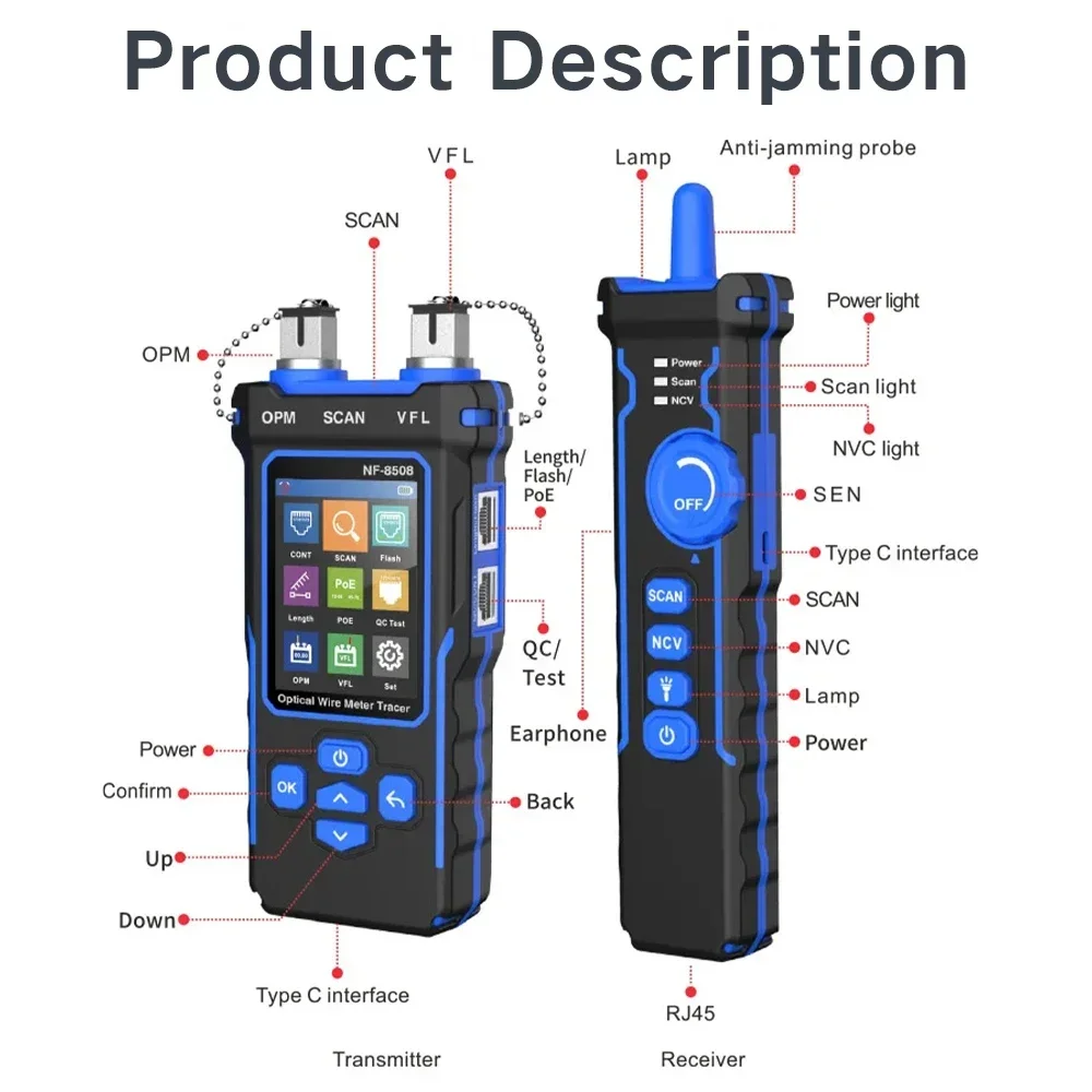 Netone netzwerk kabel tester cat5 cat6 poe checker netzwerk leitungs finder opm vfl 10mw hochwertiger tester