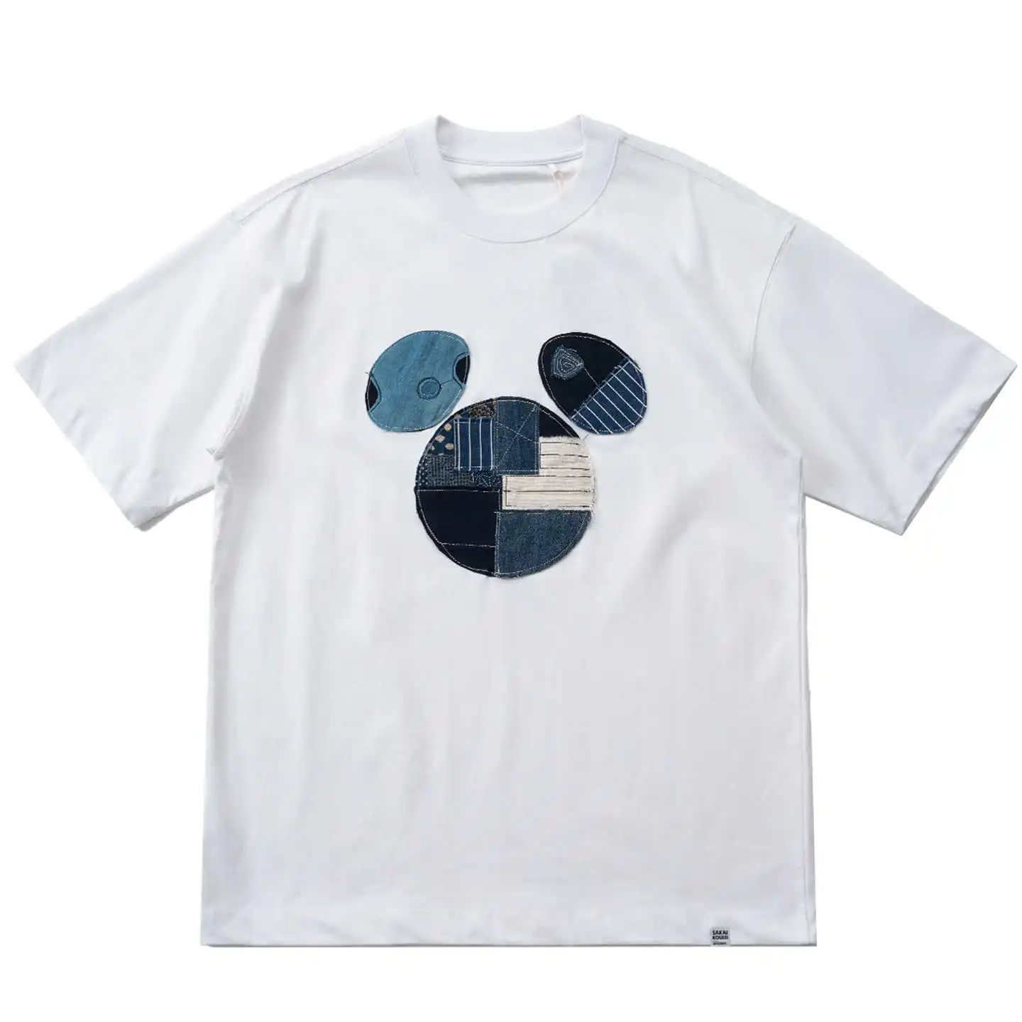 Handmade Indigo-dyed Fabric Patchwork Quilted Embroidery Tees Summer Loose-fit Casual Short-sleeved T-shirts for Men and Women