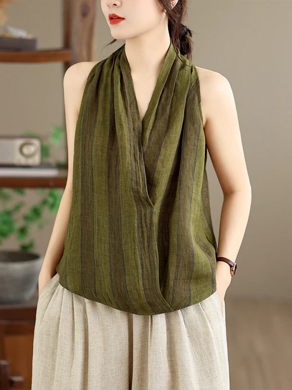 

Slimming Effect Linen Stripe Sleeveless Vest Top V-Neck Loose Fit Summer New Style Women's Fashion French Style Shirt