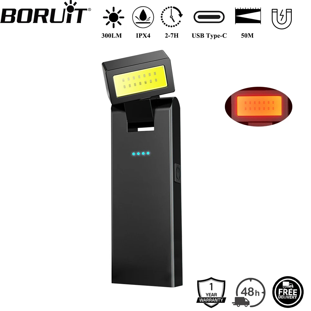 BORUiT 300LM 回転式ヘッド EDC LED懐中電灯 Type-C充電式 作業灯 マグネット付き キャンプ用ポケットランタン