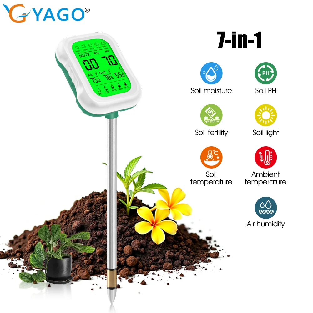 

YAGO 7 IN 1 Soil PH Meter Digital Soil Moisture Temp Meter Soil PH Fertility Humidity Temp Tester For Garden Farm Soil Analyzer