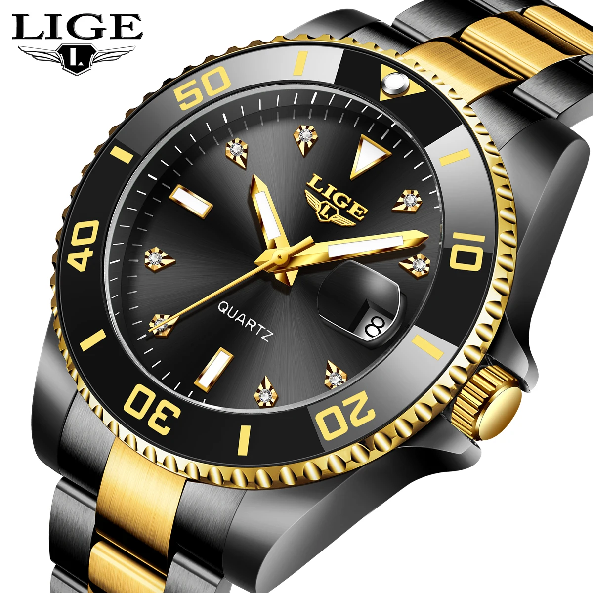 

Мужские кварцевые часы LIGE: люксовые, модные, ретро, из нержавеющей стали, водонепроницаемые, с люминесцентными стрелками и бриллиантами, с автоматической датой