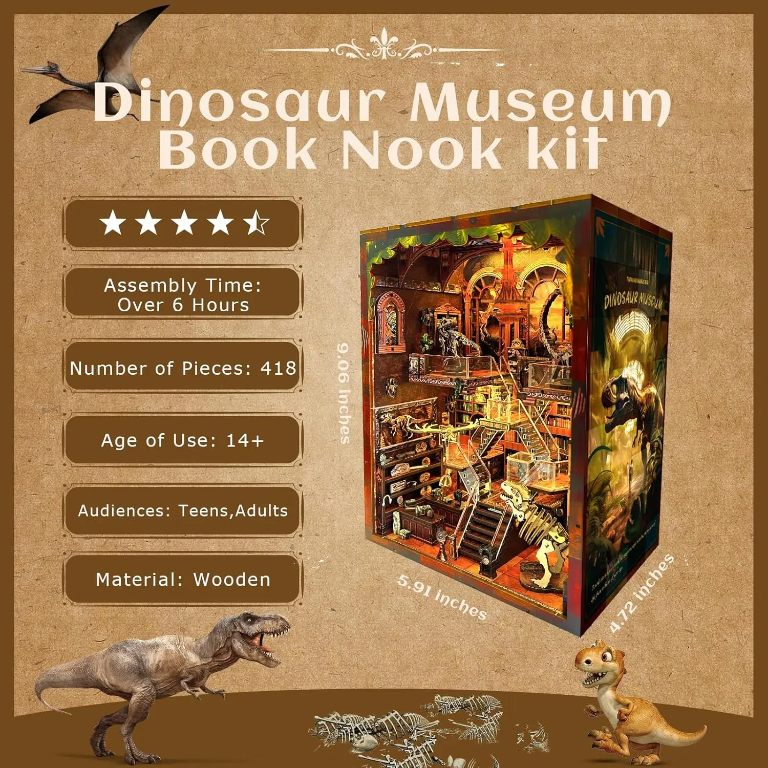 Puzzle en bois DIY avec veilleuse, kit maison miniature, décoration de bibliothèque pour les fêtes, anniversaires, maison, bibliothèque, musée des dinosaures