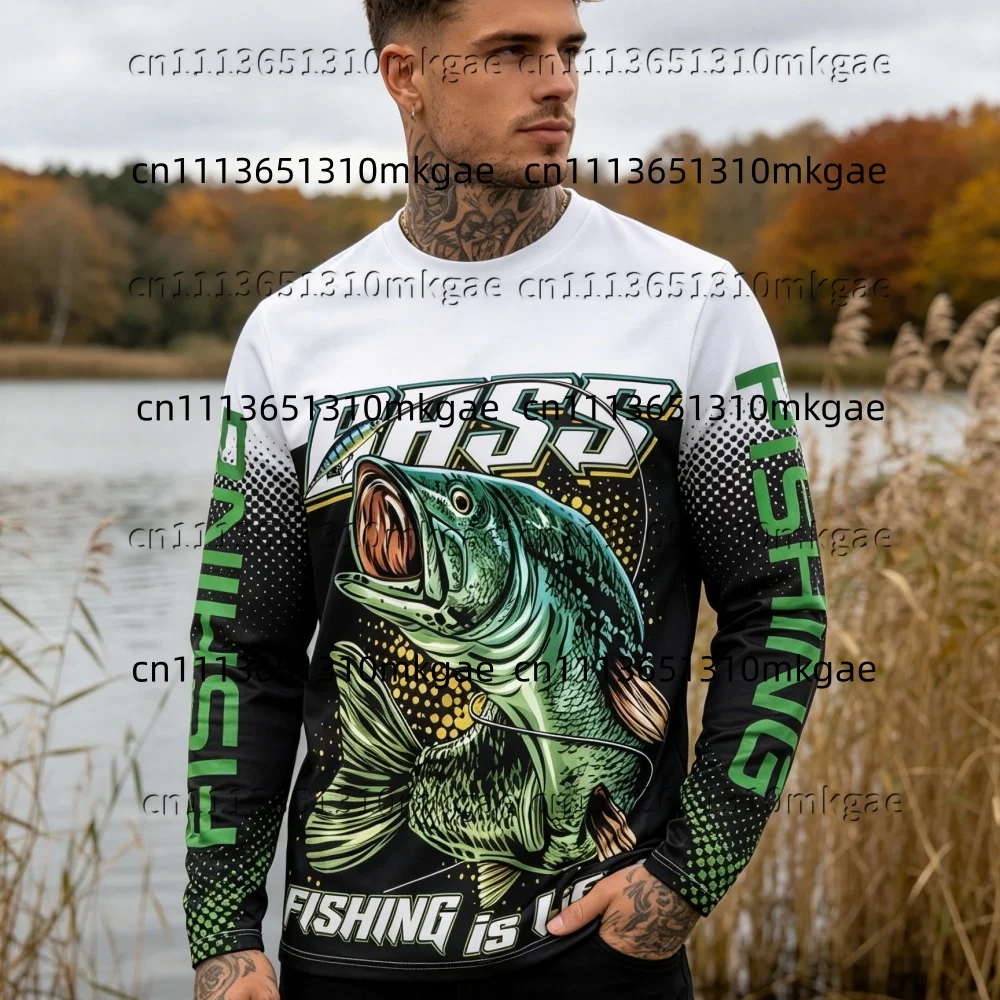 Mens Outdoor Cycling Fishing Graphic Long Sleeve Tee Bass Fish Pattern Round Neck Shirt Casual Breathable Cycling Sport Tops